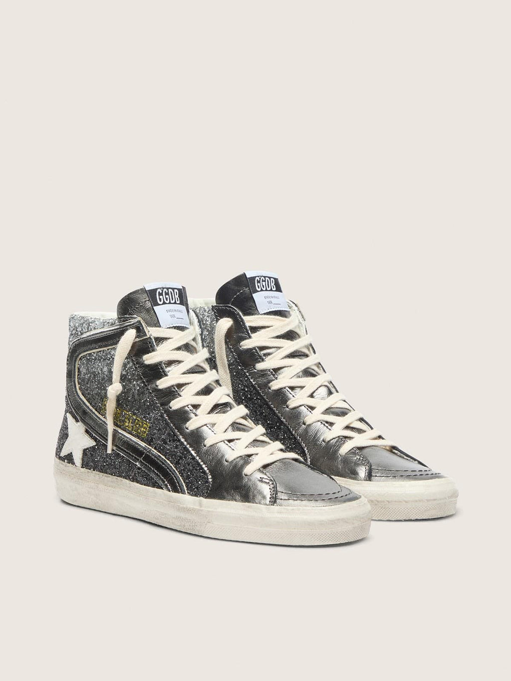 Women's Slide in black and silver glitter with leather star and metallic flash