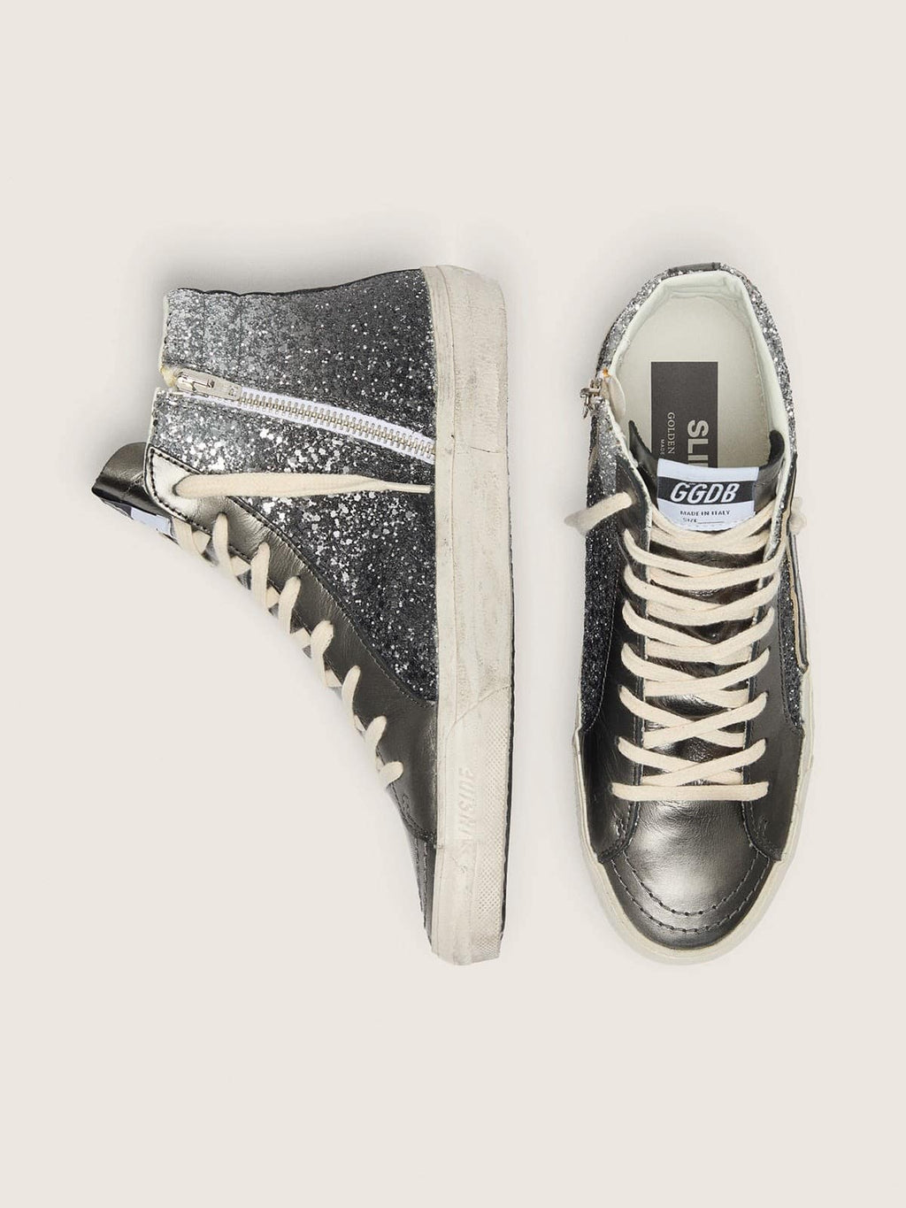 Women's Slide in black and silver glitter with leather star and metallic flash