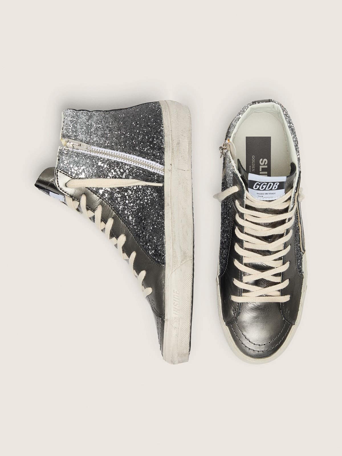 Women's Slide in black and silver glitter with leather star and metallic flash