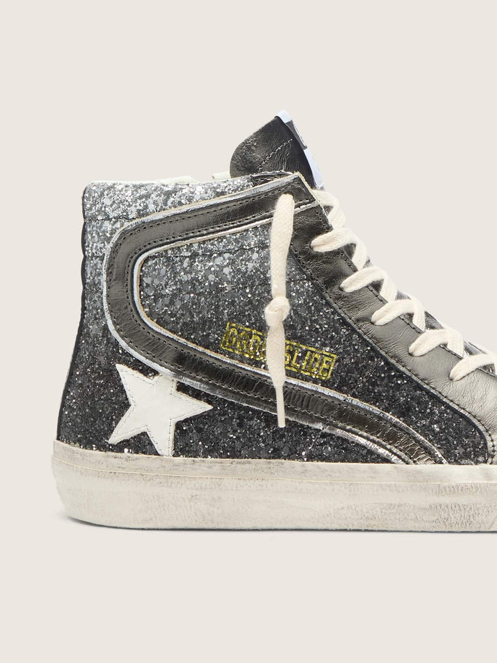 Women's Slide in black and silver glitter with leather star and metallic flash