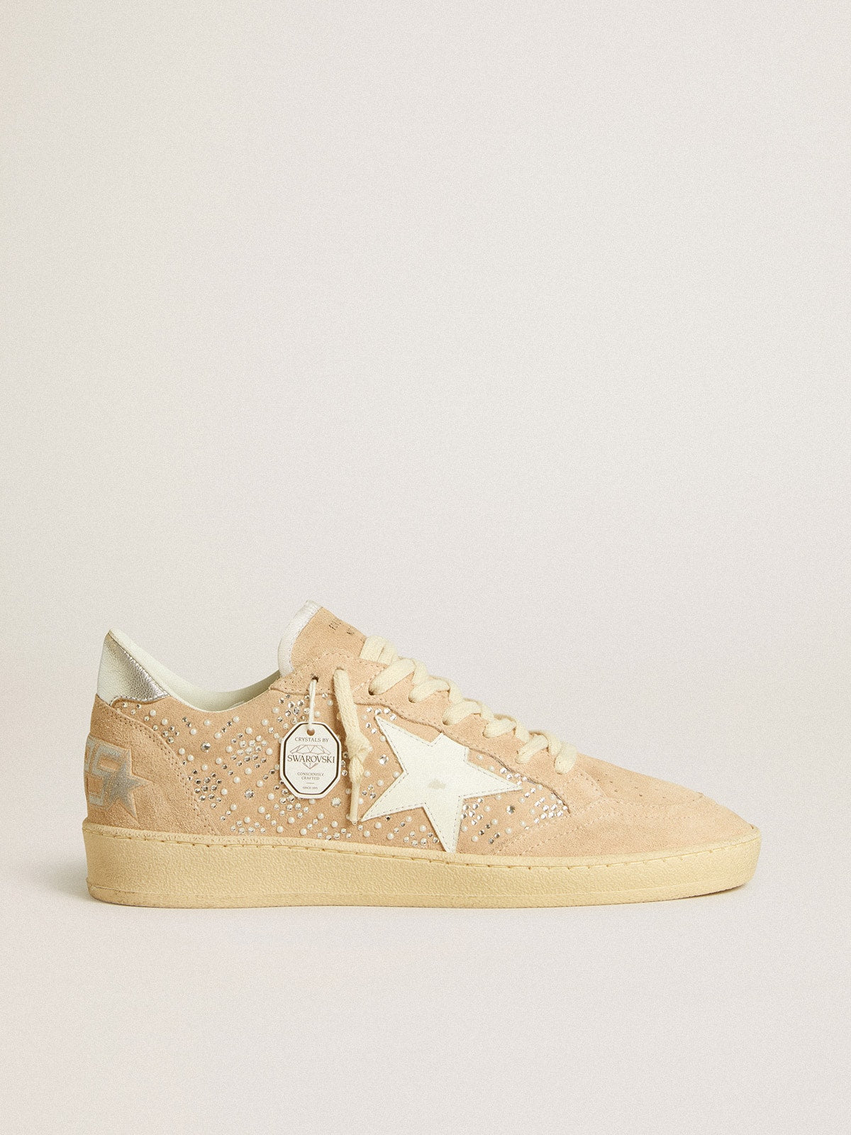 Ball Star in suede and Swarovski crystals with leather star and metallic heel tab