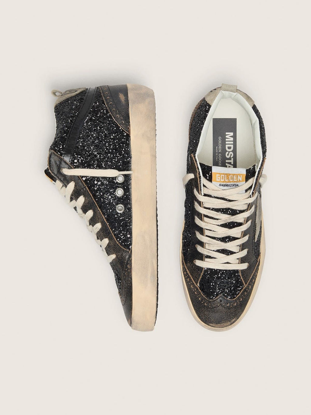 Women’s Mid Star in black glitter with dove-gray suede star and heel tab