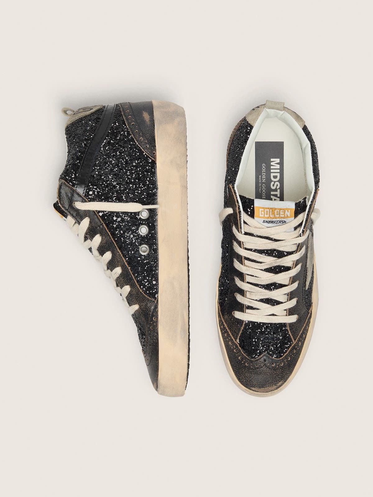 Women’s Mid Star in black glitter with dove-gray suede star and heel tab