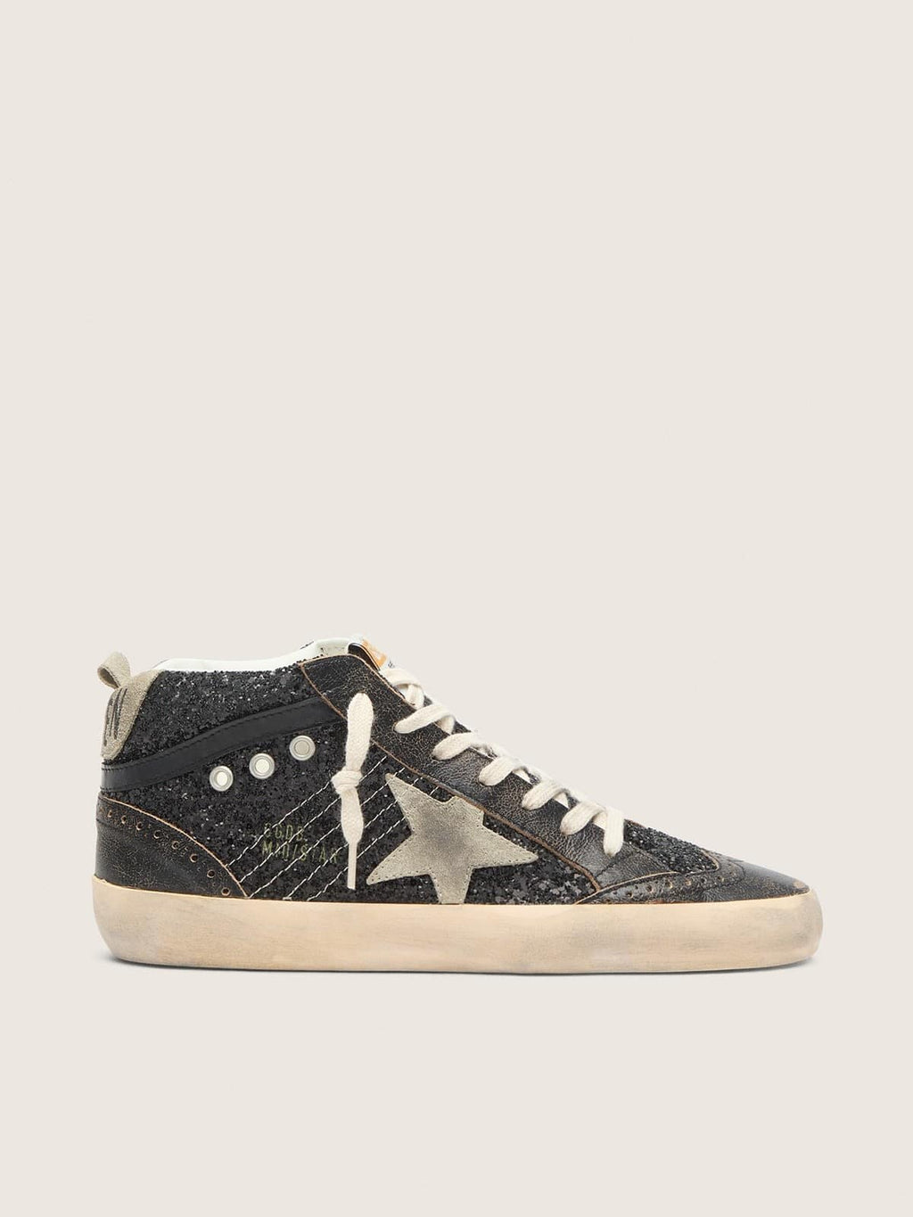 Women’s Mid Star in black glitter with dove-gray suede star and heel tab