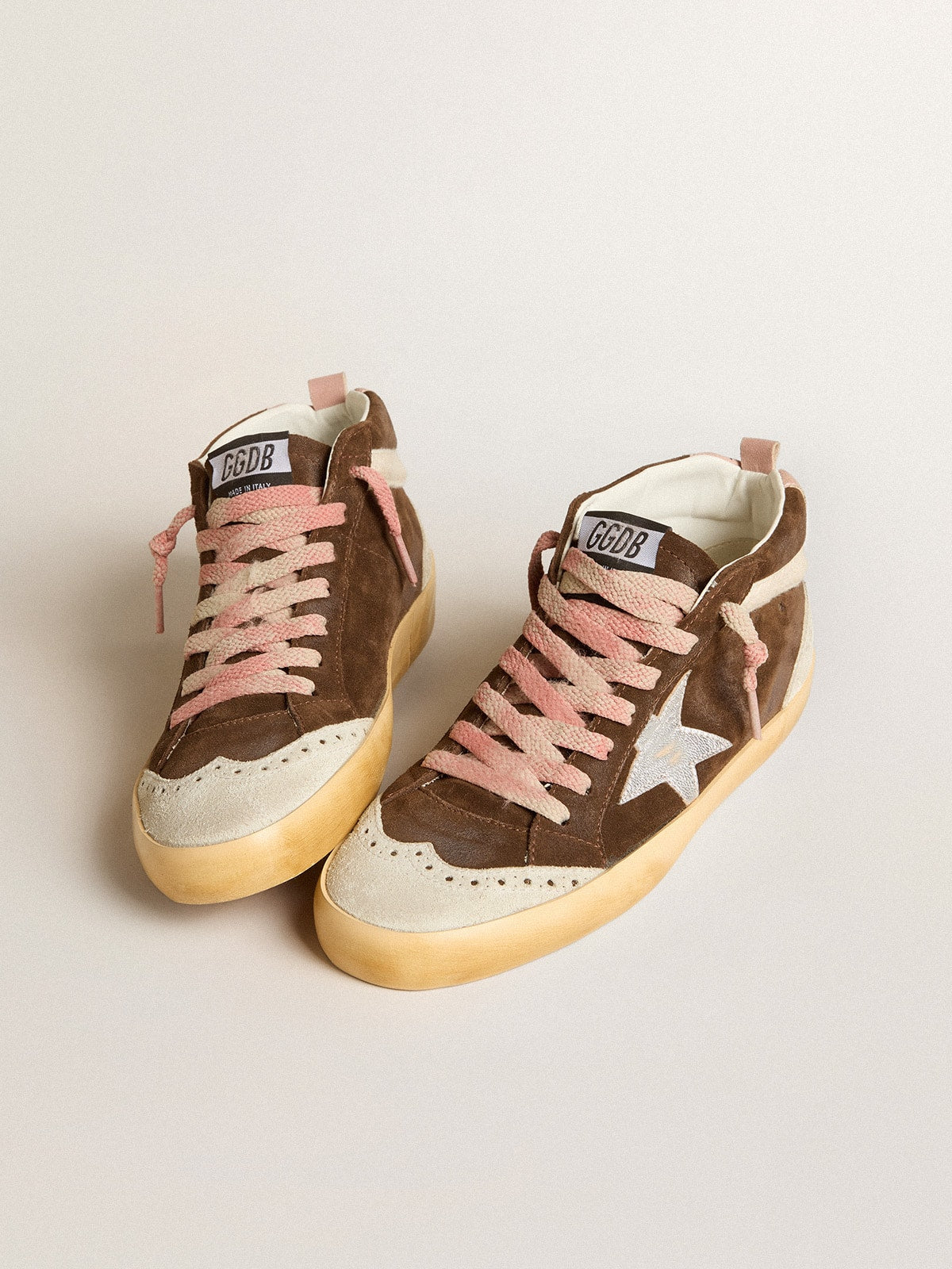 Mid Star LTD in brown suede with silver nappa leather star and cream flash