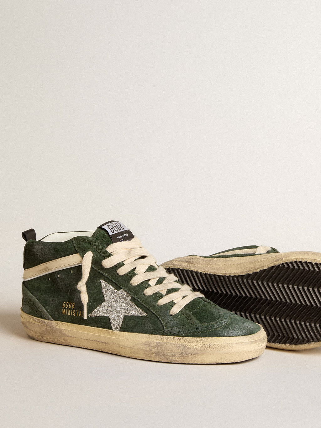 Mid Star in green suede with silver glitter star and leather flash