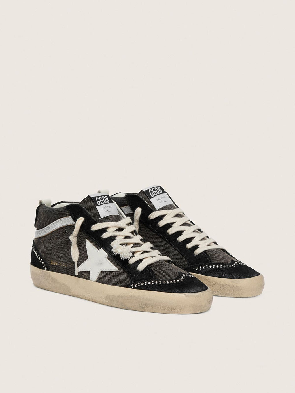 Mid Star LTD in black denim with suede inserts with Swarovski crystals