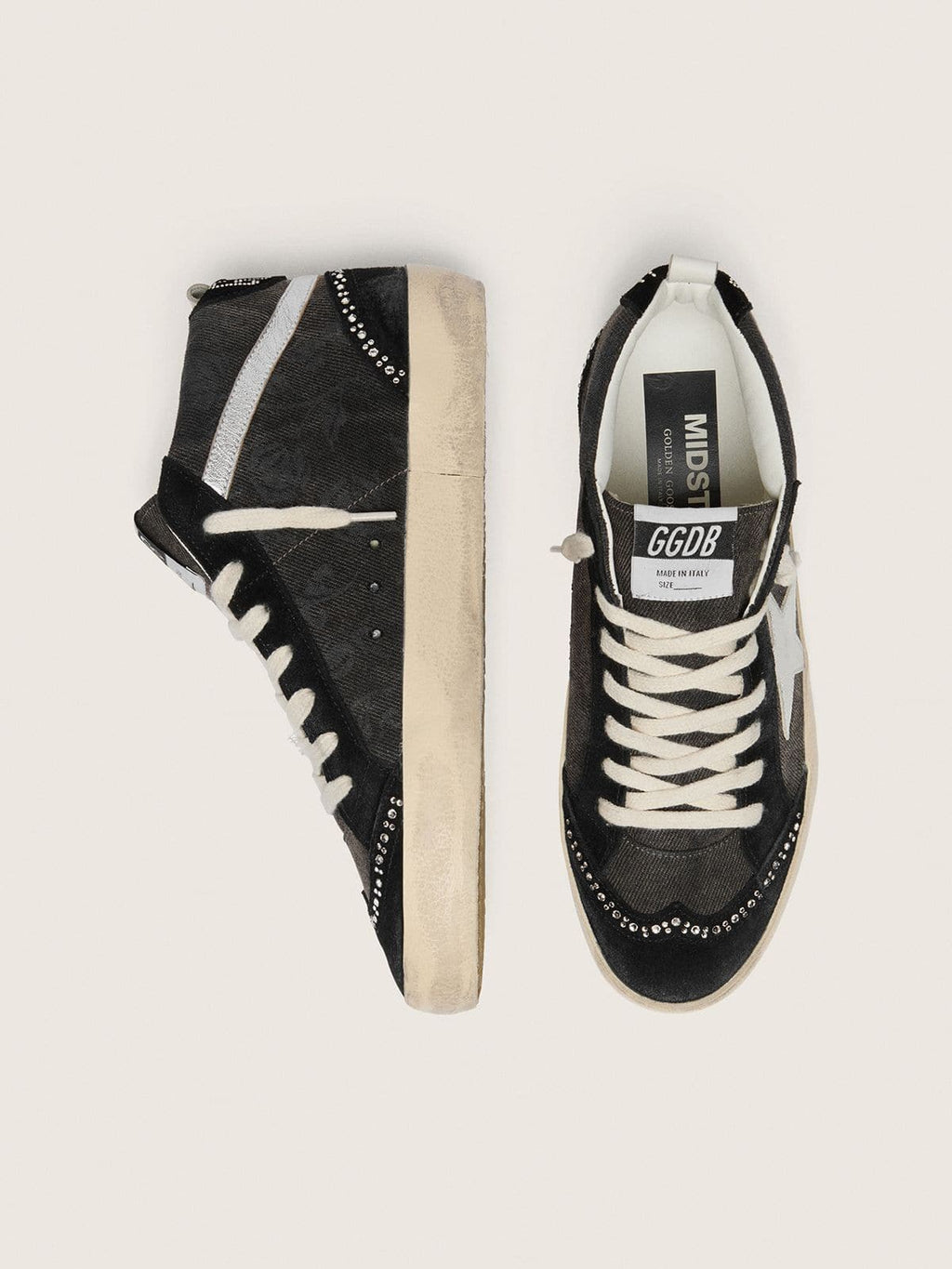 Mid Star LTD in black denim with suede inserts with Swarovski crystals