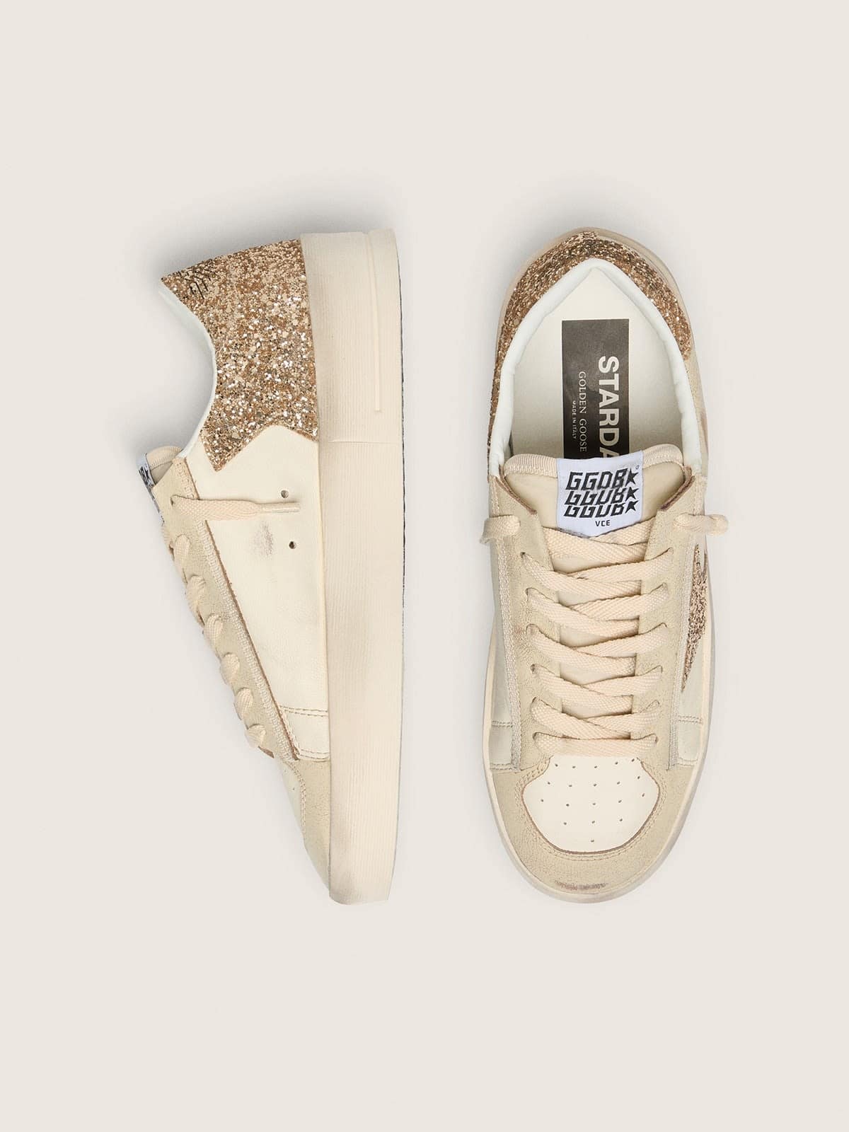 Women’s Stardan in ecru nappa leather with gold glitter star and heel tab