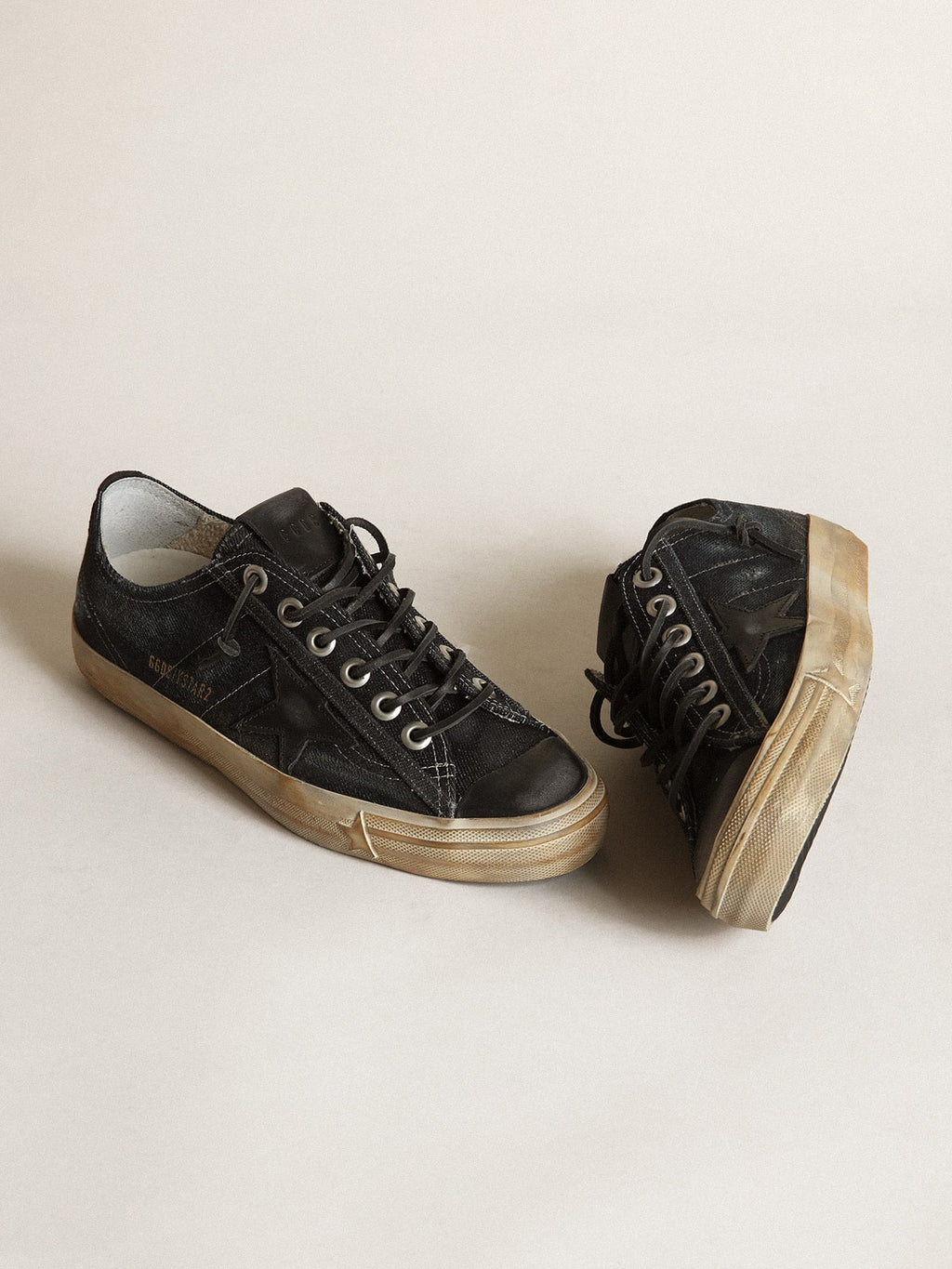 V-Star in midnight-blue denim with black leather star and toe