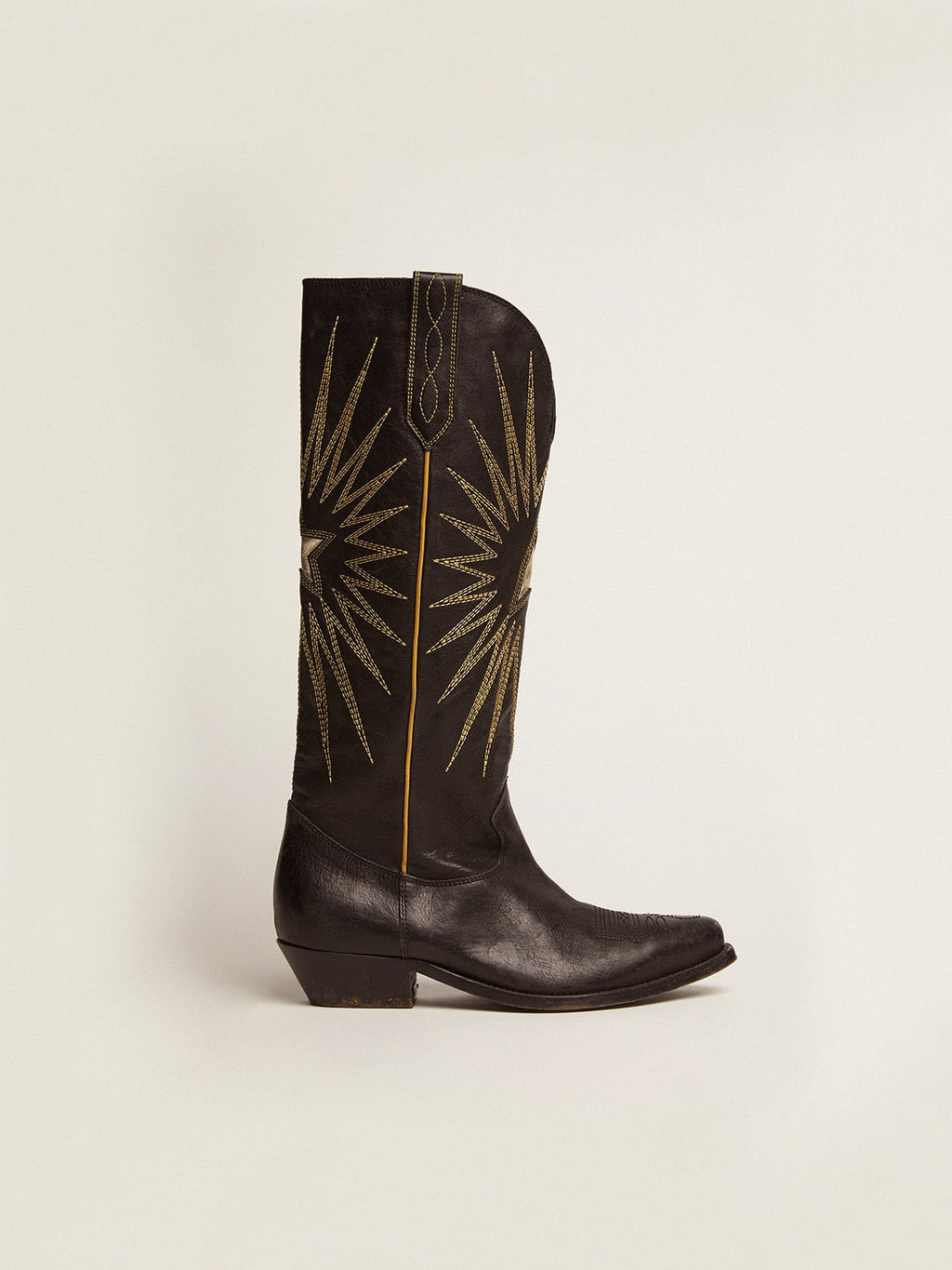 Wish Star boots in black leather with platinum laminated leather inlay star