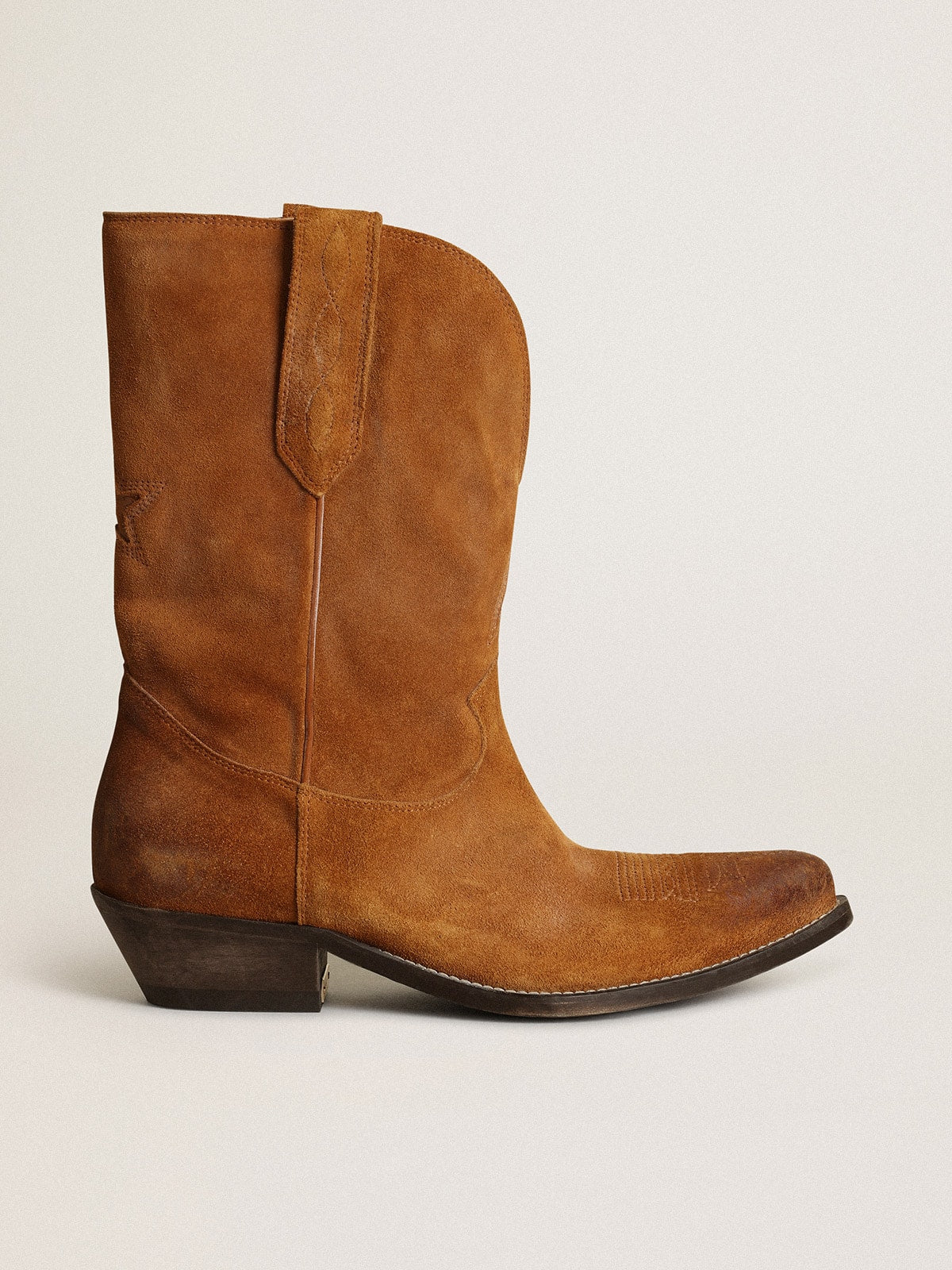 Women's low boots in tobacco-colored suede with inlay star
