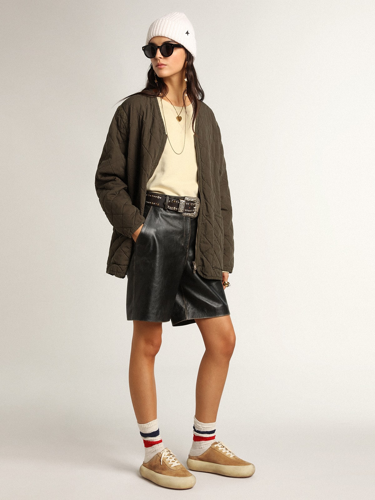 Women's Space-Star Sabot in tobacco-colored suede with perforated star