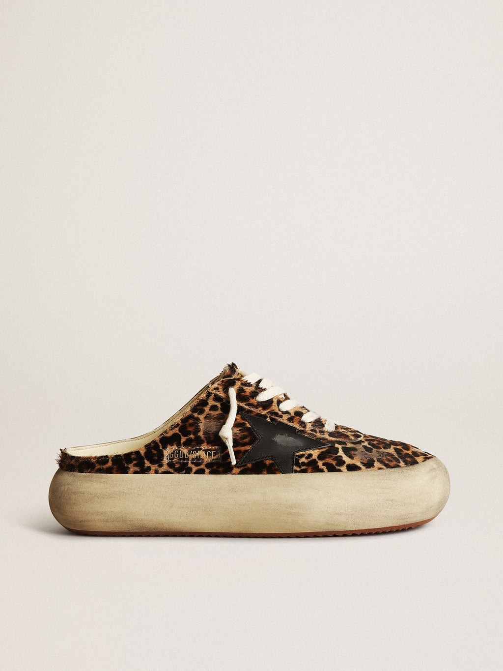Women's Space-Star Sabot in leopard print pony skin with black star