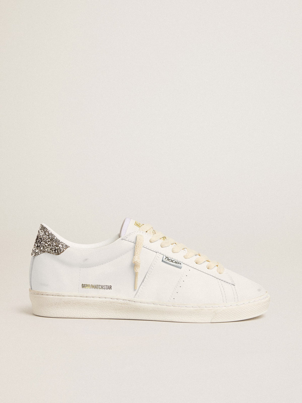 Matchstar in white leather with silver glitter heel tab