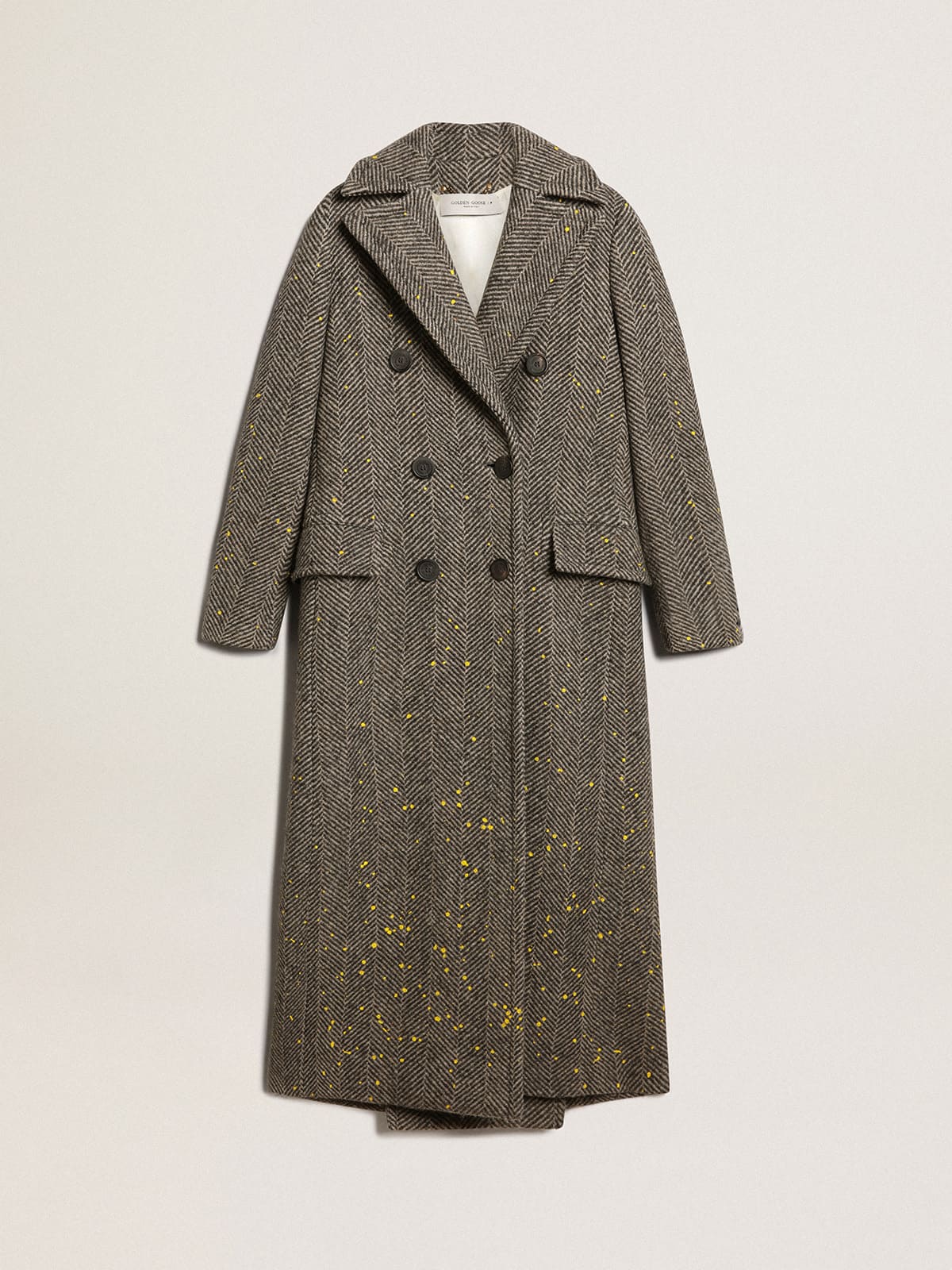 Women's long herringbone coat with yellow details