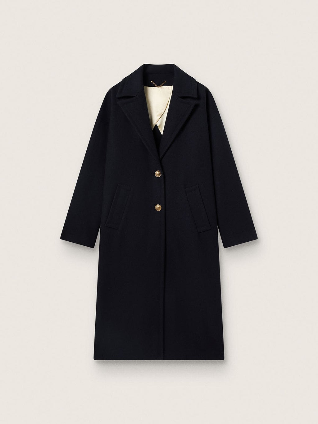 Women's single-breasted cocoon coat in dark blue wool with gold button