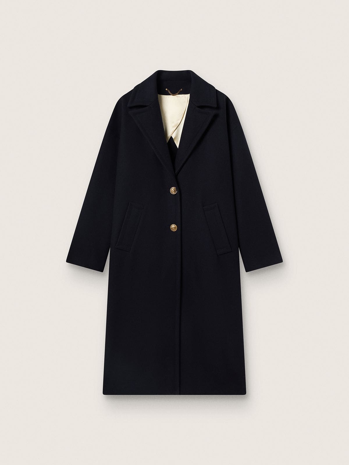 Women's single-breasted cocoon coat in dark blue wool with gold button