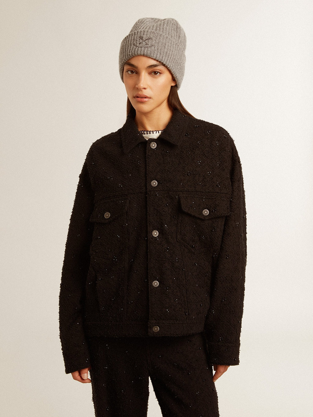 Women’s black denim jacket with embroidery
