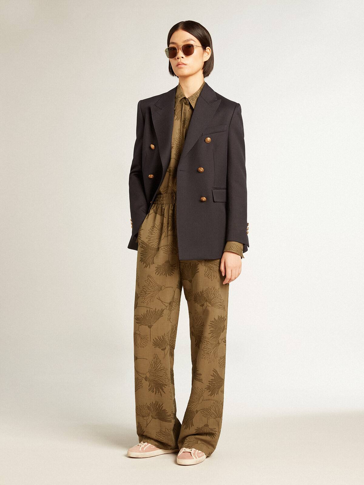 Women's olive-colored viscose-cotton blend shirt with floral pattern