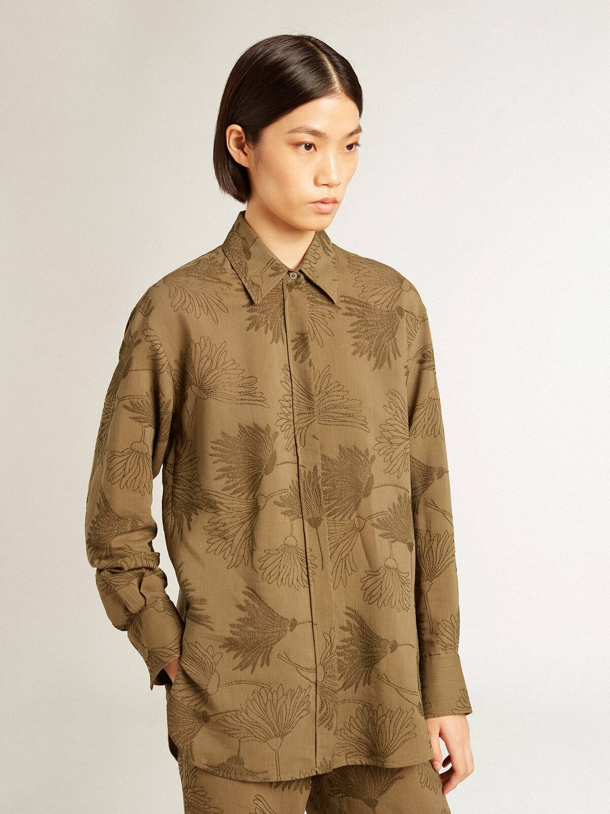 Women's olive-colored viscose-cotton blend shirt with floral pattern