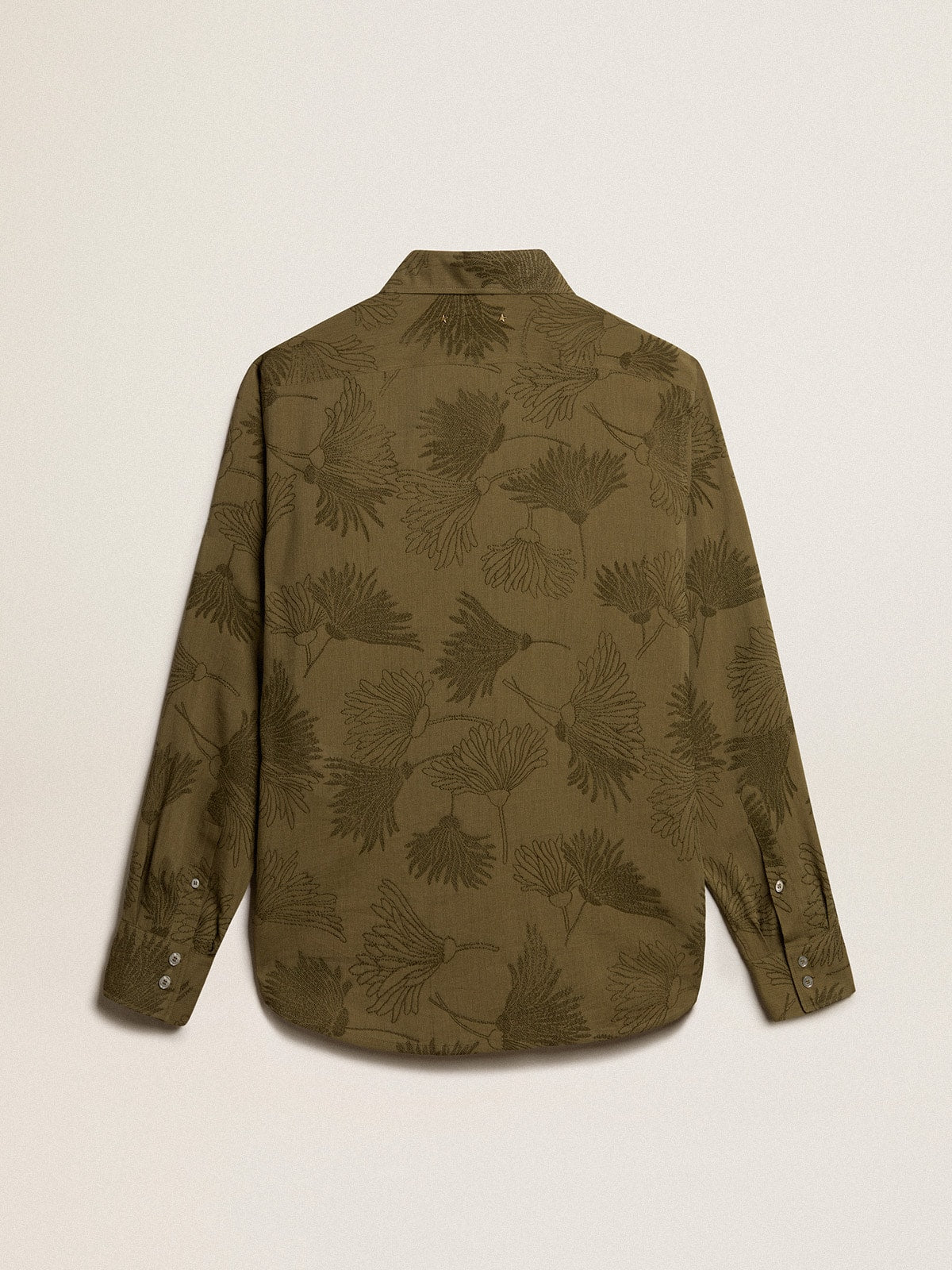 Women's olive-colored viscose-cotton blend shirt with floral pattern
