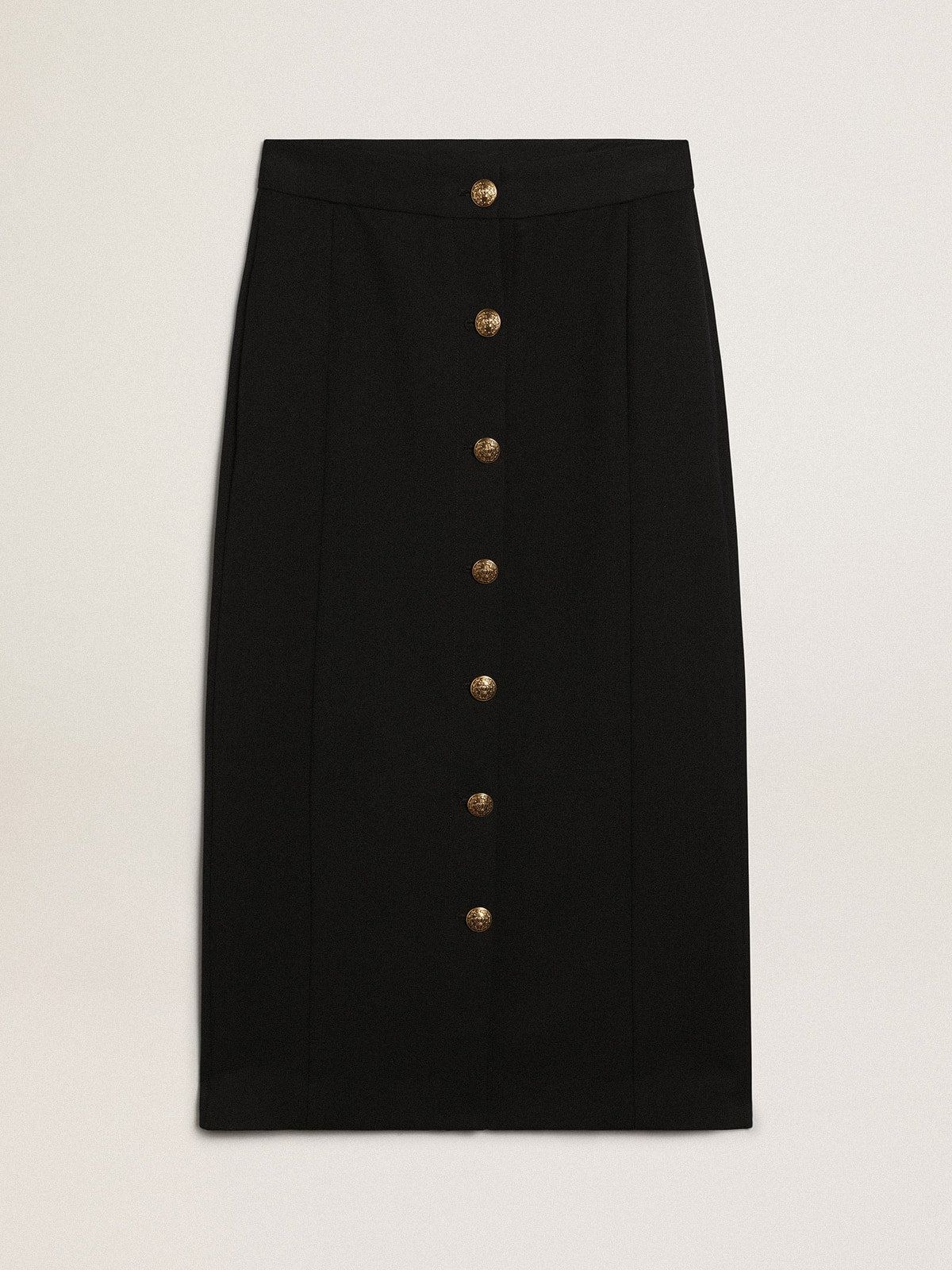 Women's pencil skirt in dark blue wool with gold heraldic buttons