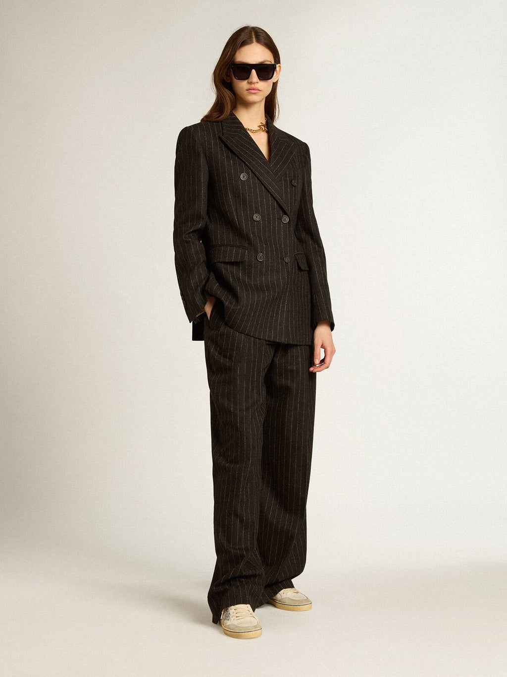 Women’s double-breasted blazer in gray melange wool