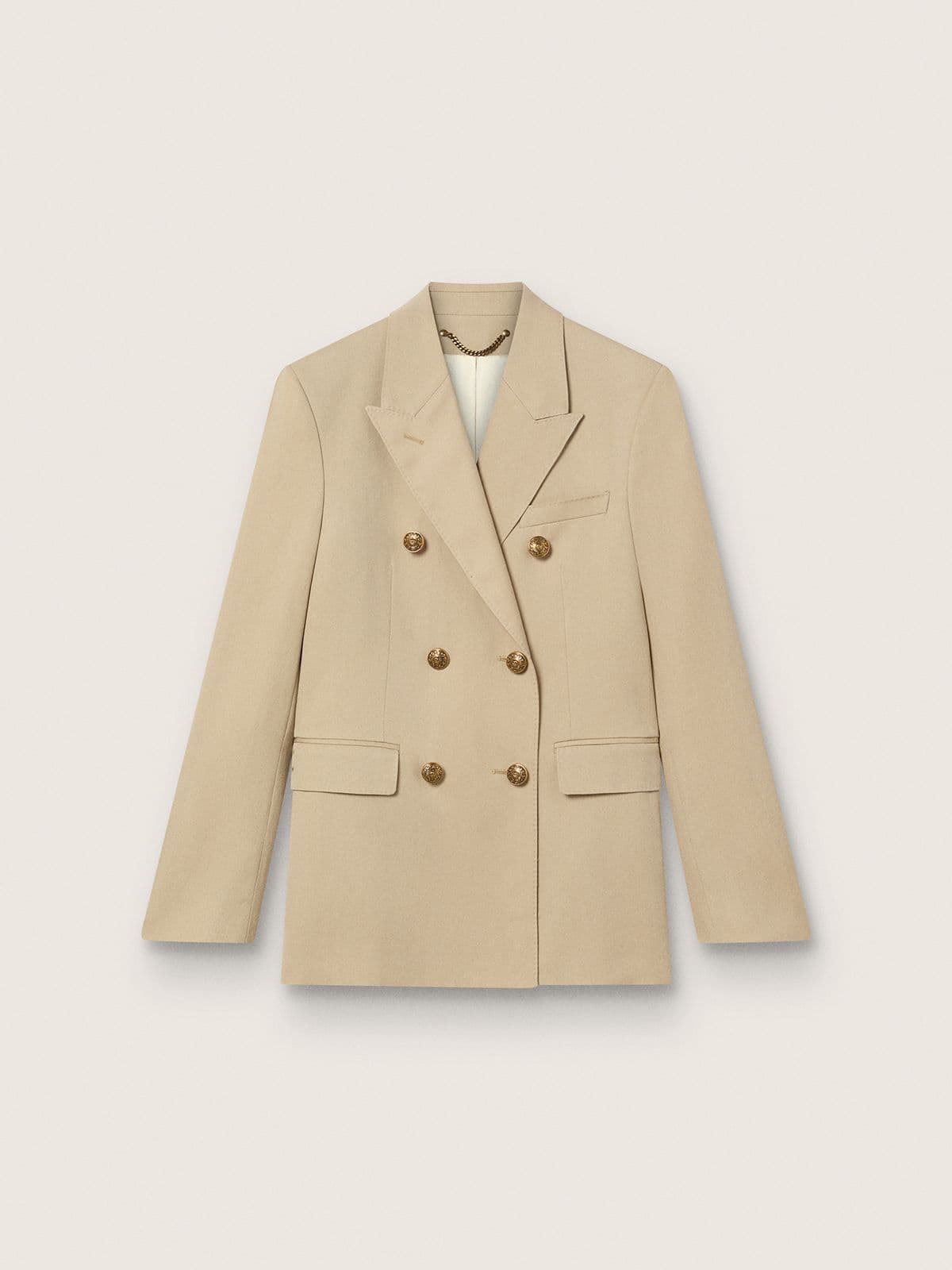 Women’s double-breasted blazer in sand with gold heraldic buttons