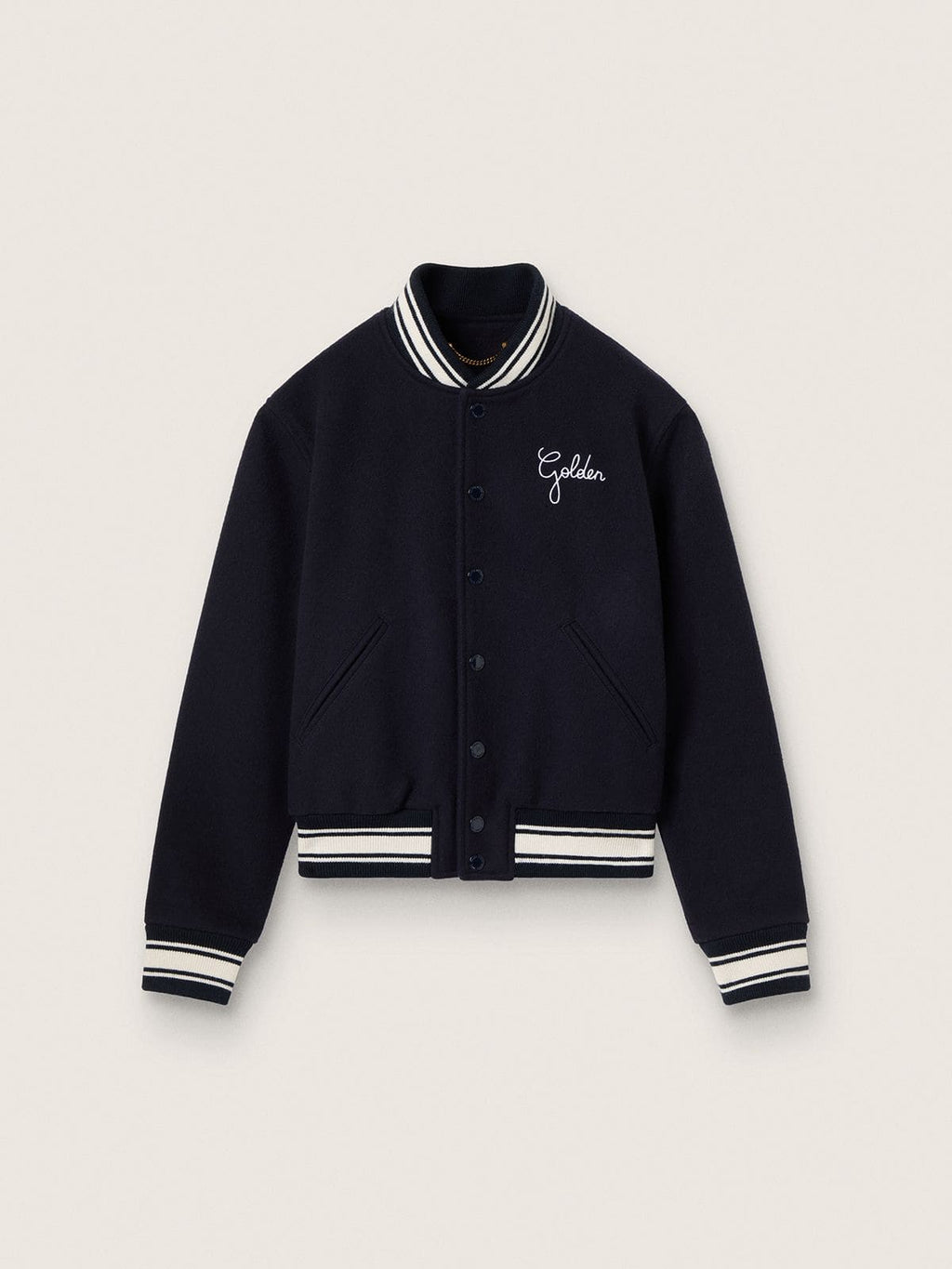 Women's bomber jacket in dark blue wool with white details
