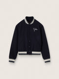 Women's bomber jacket in dark blue wool with white details