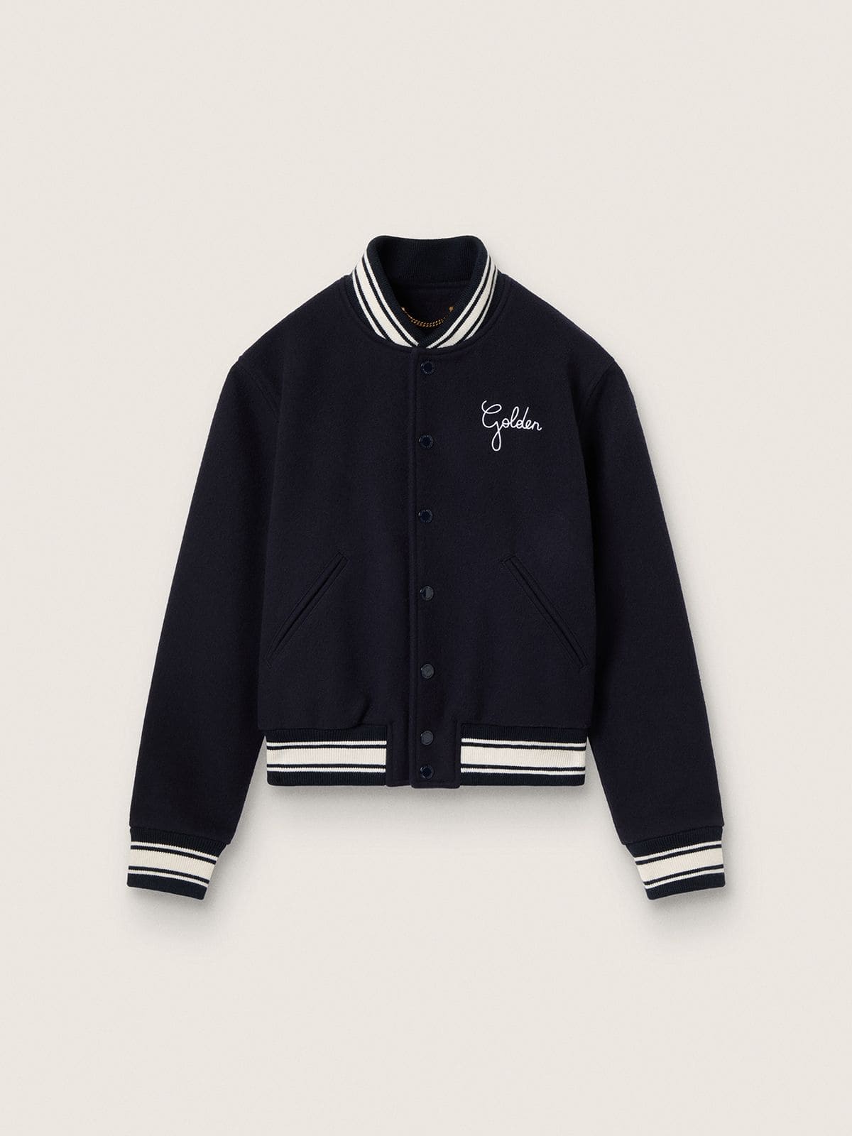 Women's bomber jacket in dark blue wool with white details