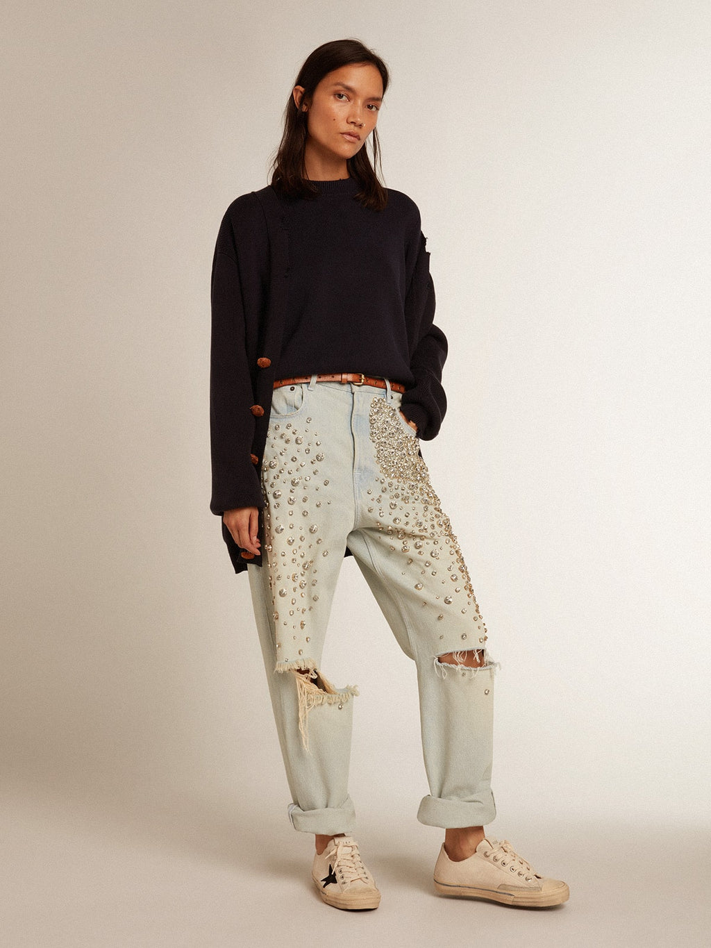 Women’s round-neck sweater in dark blue cotton