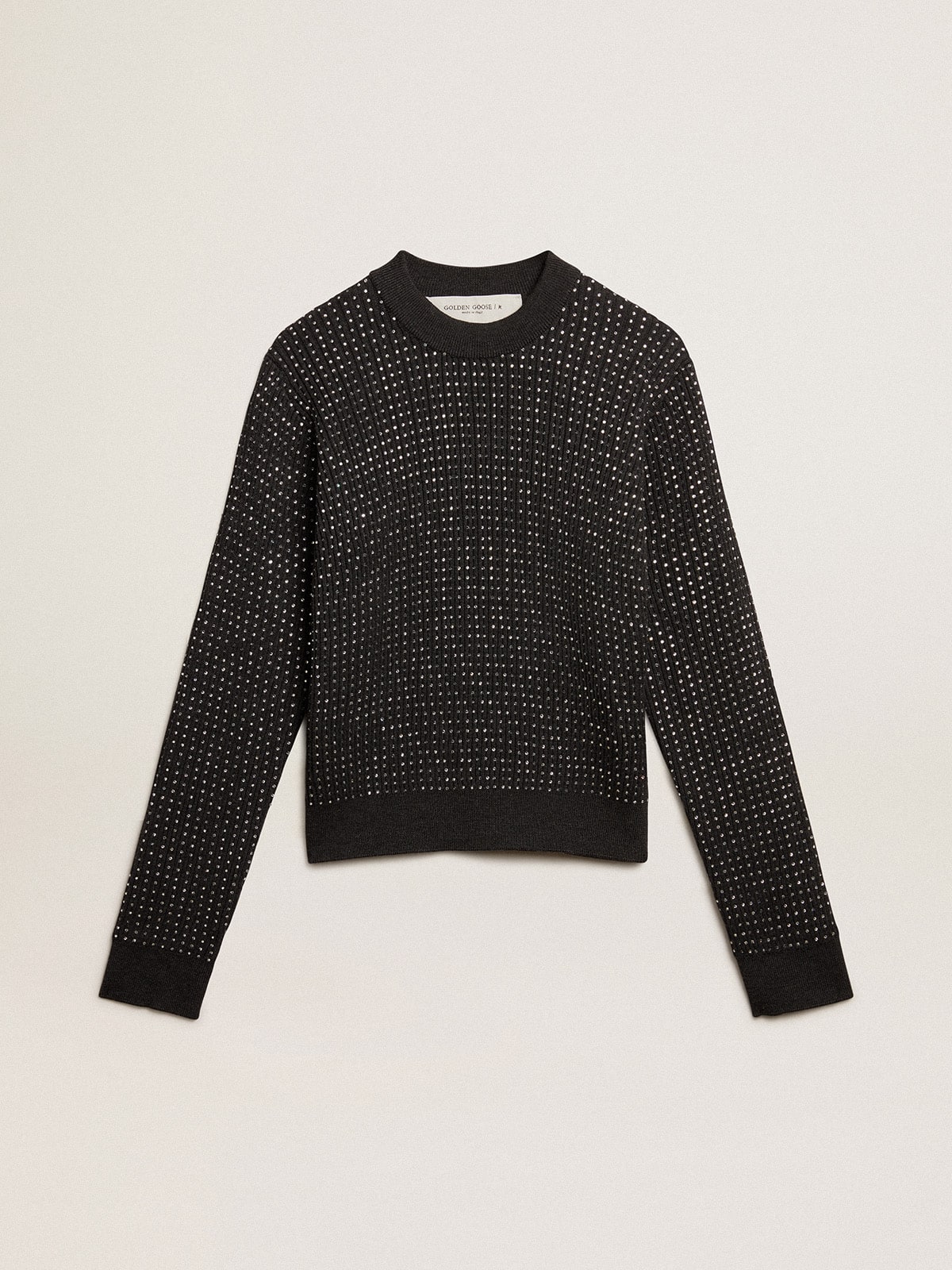 Round-neck sweater in merino wool with all-over crystals