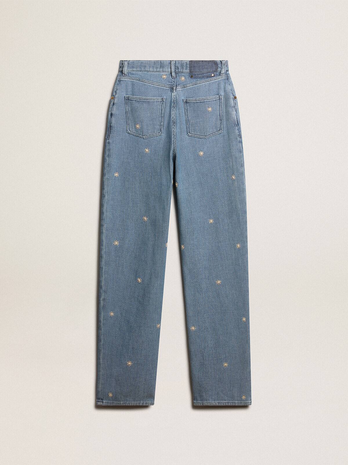 Women’s cotton denim pants with floral embroidery