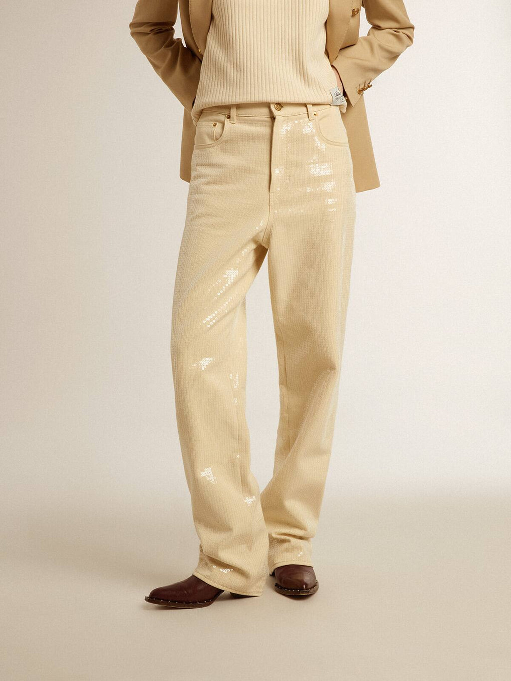 Ecru pants with transparent all-over sequins