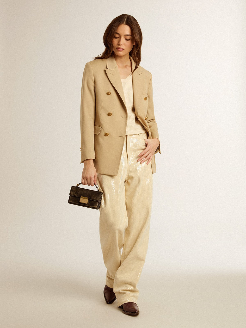 Ecru pants with transparent all-over sequins