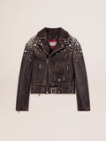 Women's biker jacket in distressed leather with cabochon crystals