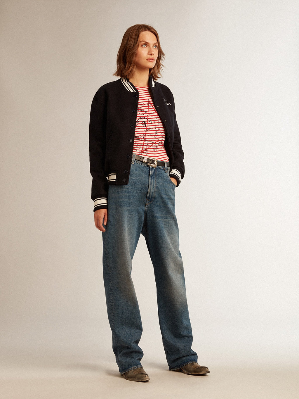 Women's T-shirt with white and red stripes and embroidery on the front