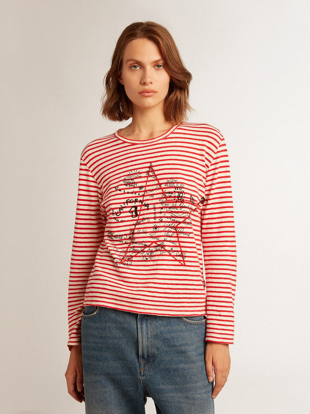 Women's T-shirt with white and red stripes and embroidery on the front