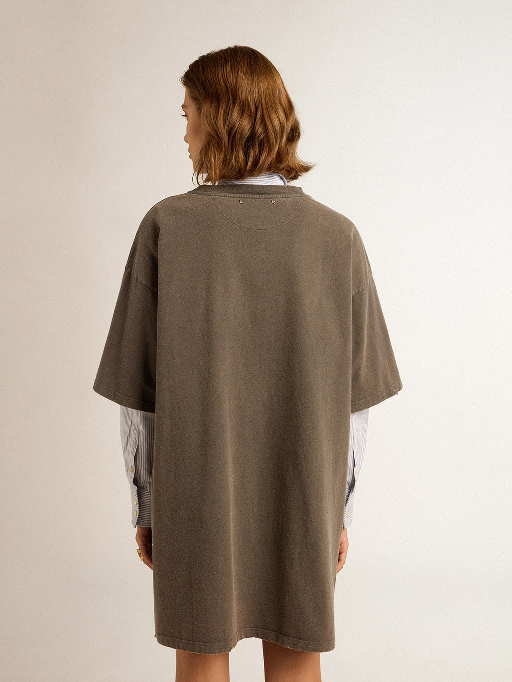 Women's gray T-shirt dress with distressed treatment