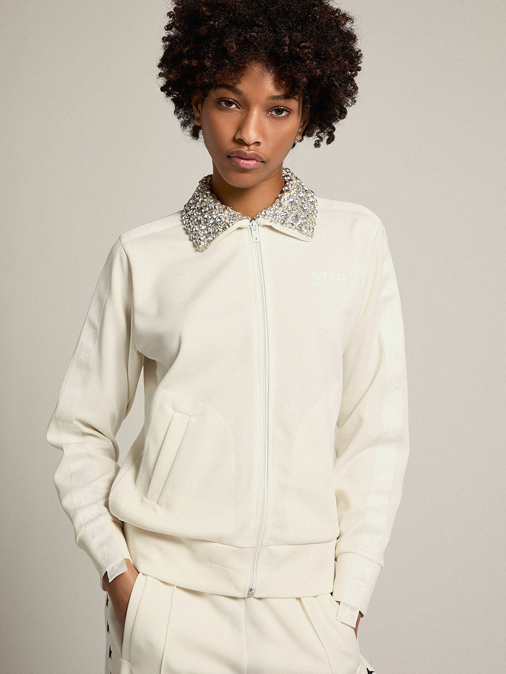 Papyrus white Denise Star Collection zipped sweatshirt with crystal collar