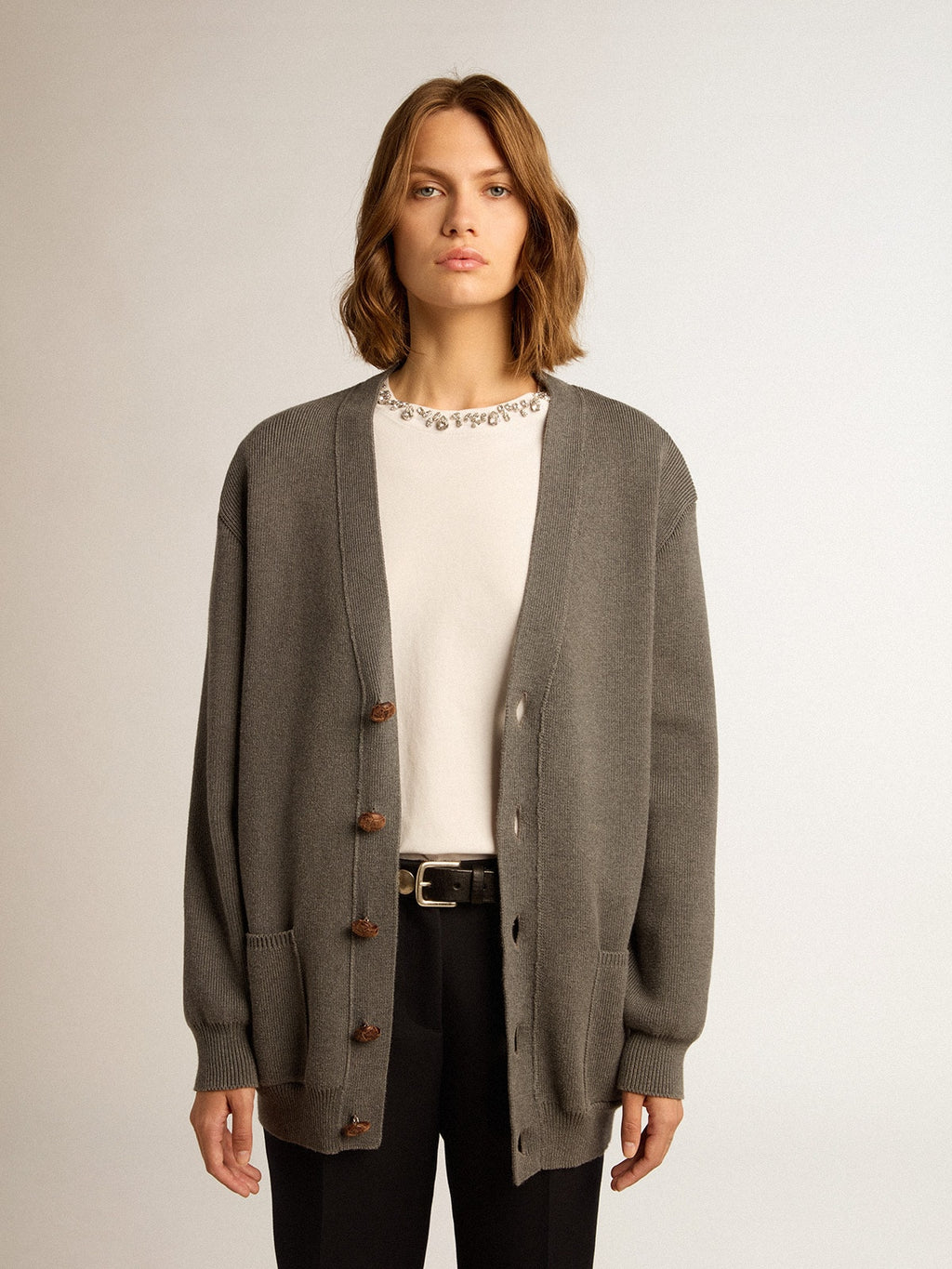 Women's mélange gray cotton cardigan with logo on the back