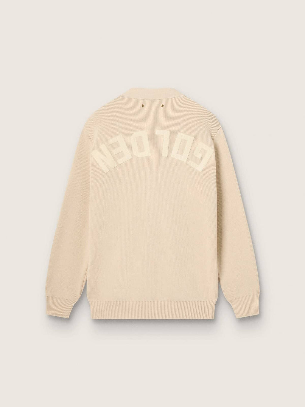 Women’s beige cardigan with 'Golden' lettering on the back