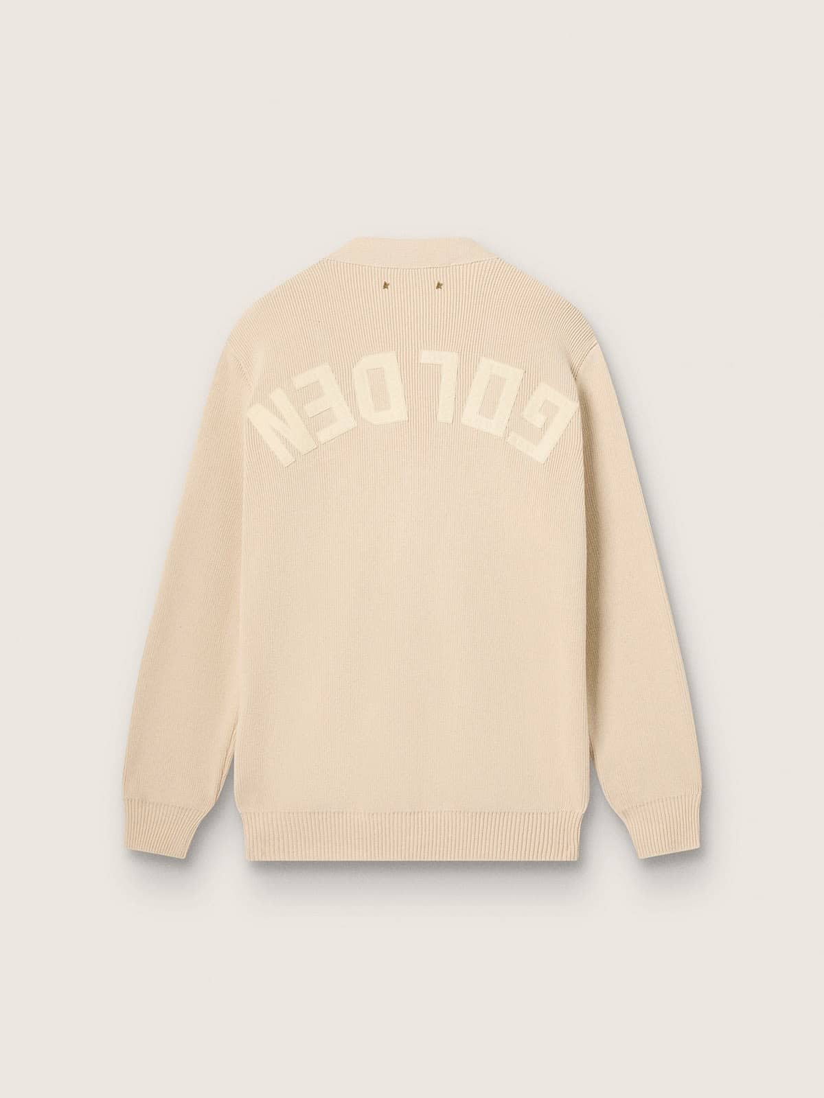 Women’s beige cardigan with 'Golden' lettering on the back