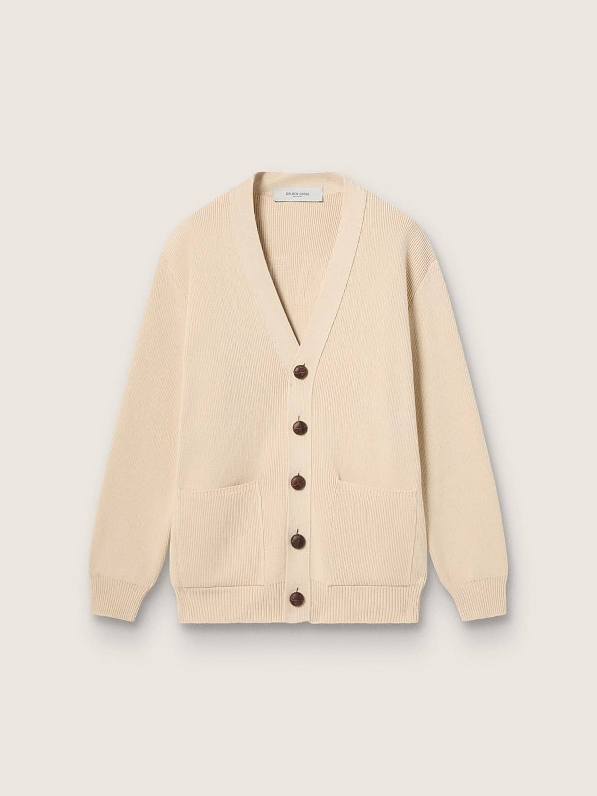 Women’s beige cardigan with 'Golden' lettering on the back