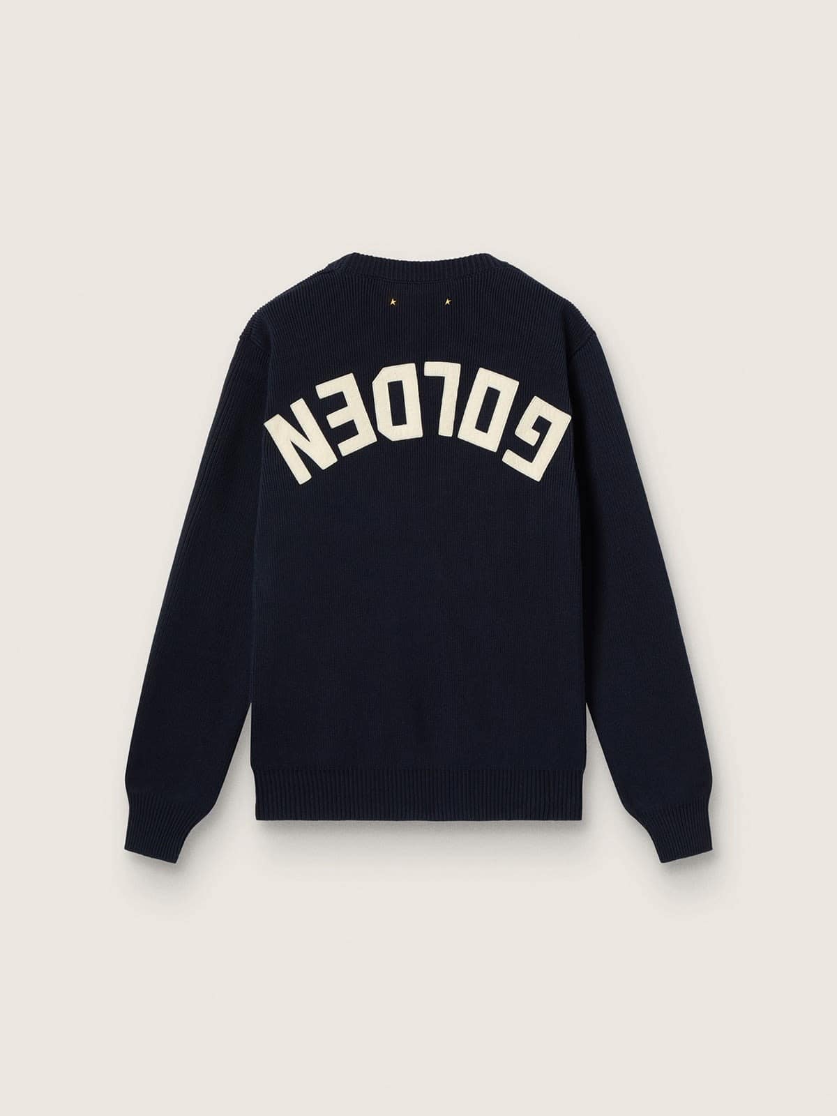 Women’s round-neck sweater in dark blue cotton with logo on the back