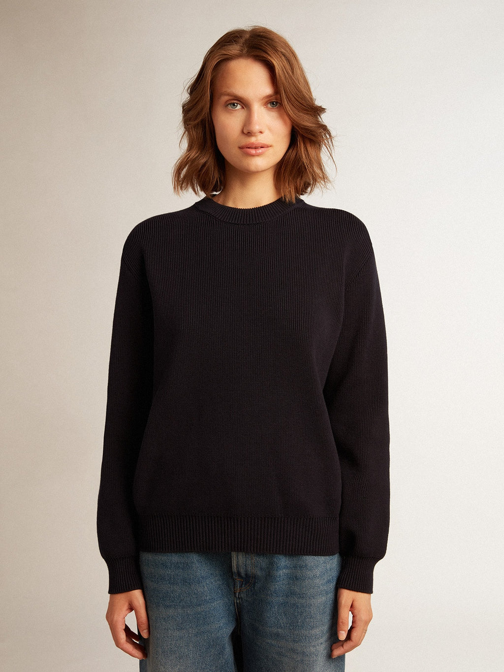 Women’s round-neck sweater in dark blue cotton with logo on the back