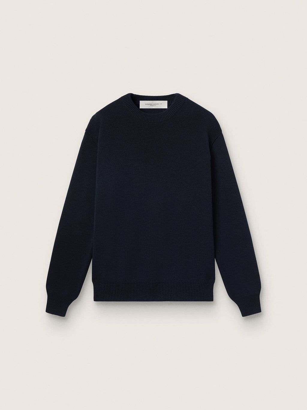 Women’s round-neck sweater in dark blue cotton with logo on the back