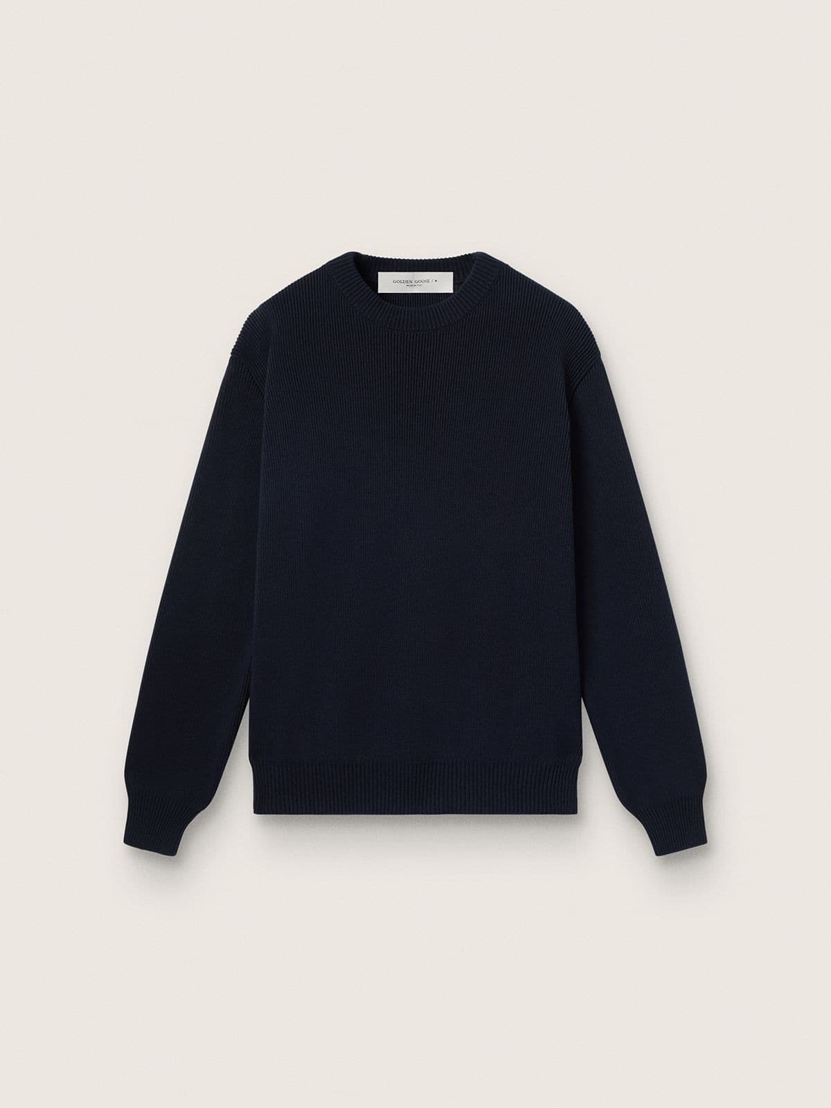 Women’s round-neck sweater in dark blue cotton with logo on the back